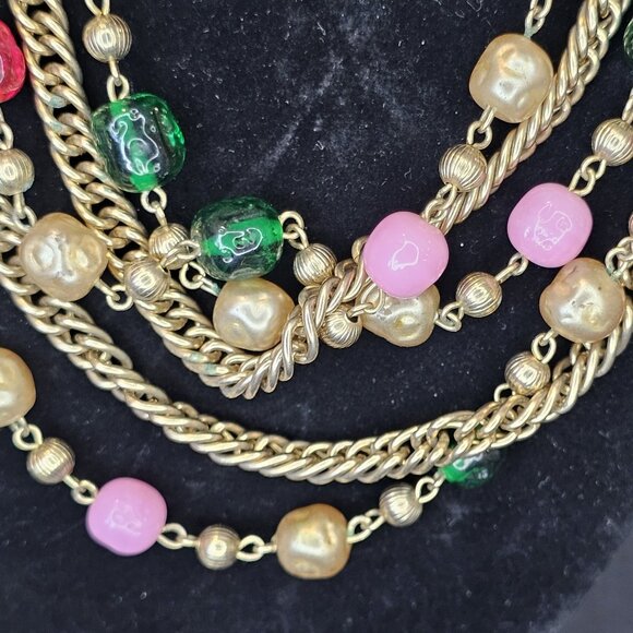 VTG 60s Multi-strand Bib Necklace Goldtone Glass Beads Red Pink Green MCM 17-20" - Picture 5 of 11